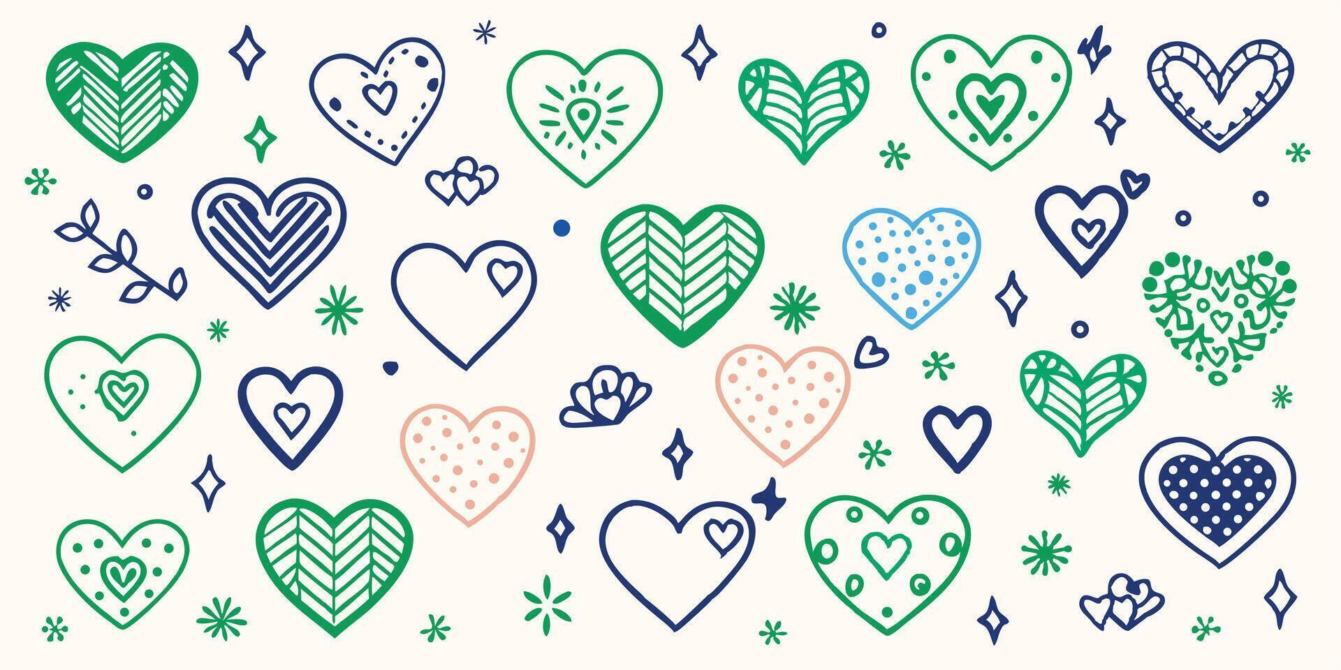 Colorful seamless heart pattern with hand-drawn love elements in green, blue and peach tones on white vector