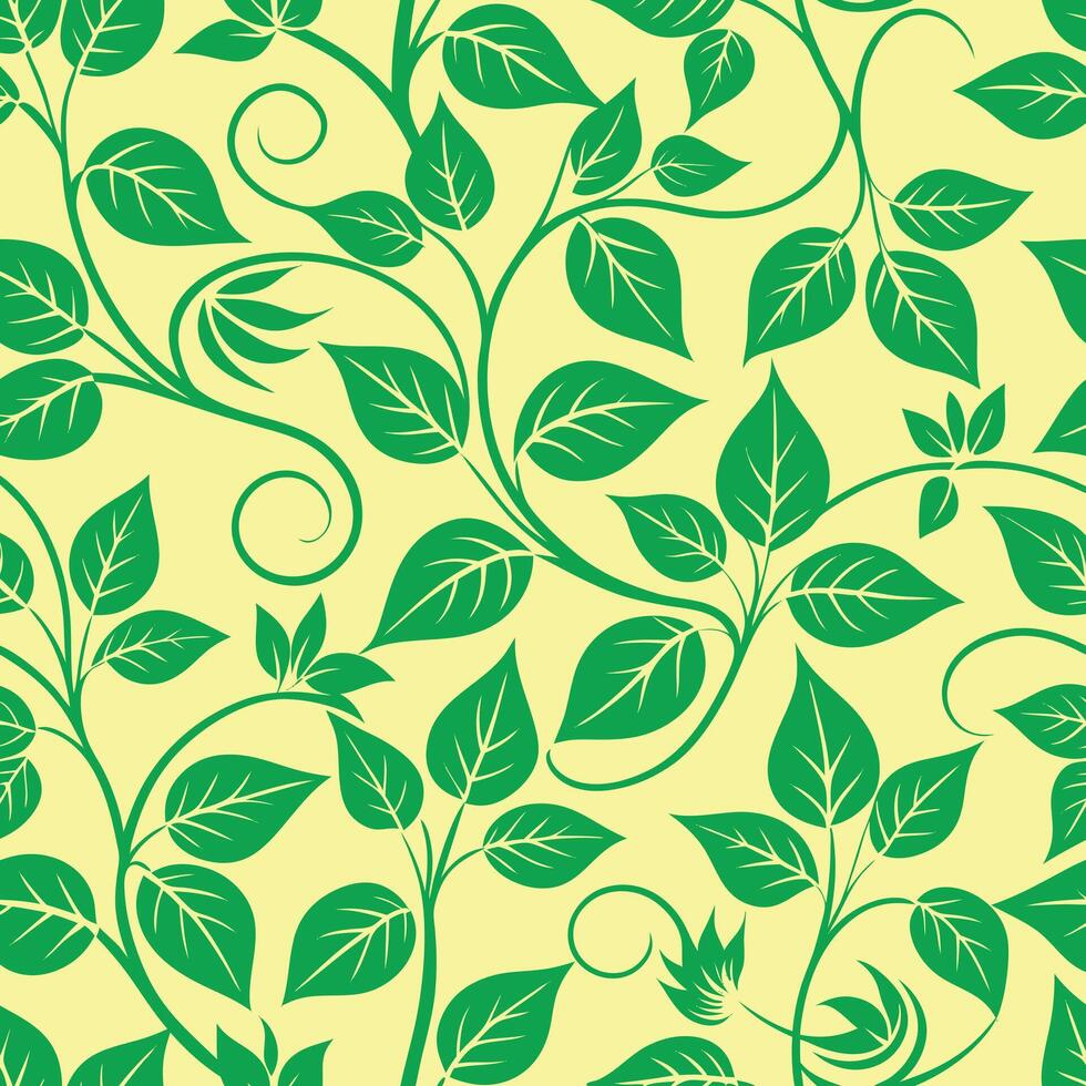 Bright green seamless leaf pattern with natural swirling vines and vibrant botanical background style vector