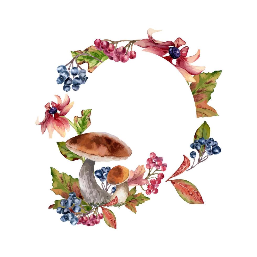 Mushrooms with brown cap and autumn red black berries in watercolor circle frame isolated. Pink coneflowers and rowan, viburnum berry painted. Autumn wreath with wild forest plants hand drawn for card vector