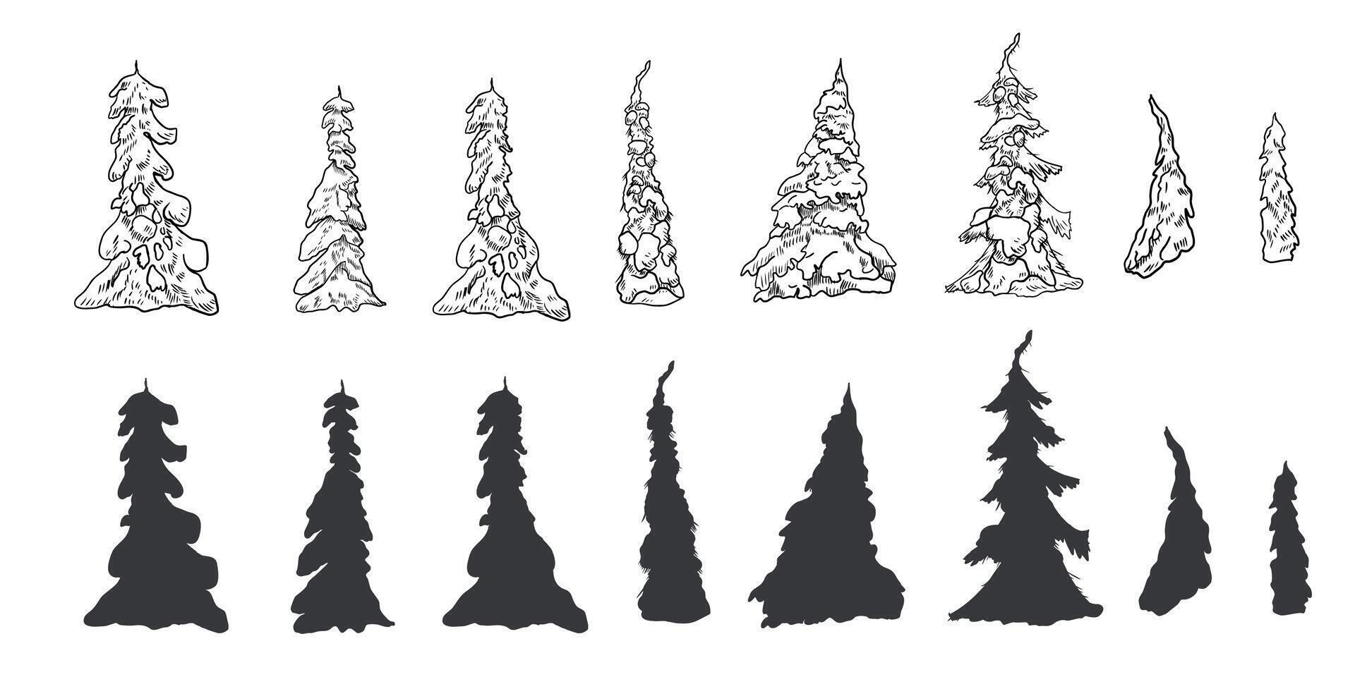 Snowy pine trees silhouette hand drawn black and white set illustration. Forest clipart of fir, spruce in monochrome for Christmas card, landscape design. Winter woodland trees ink line sketch. vector