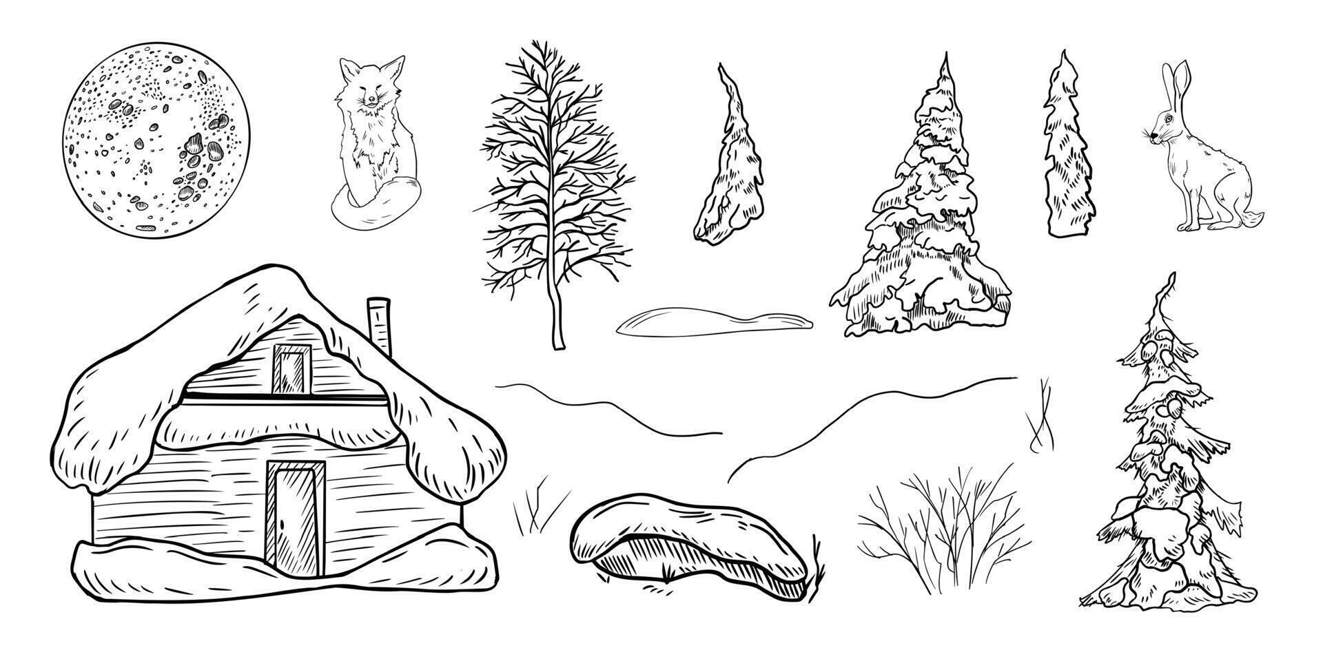 Woodland winter clipart with snowy trees, forest cabin and animals hand drawn black white outline illustration. Fox, hare linear sketch with pines, firs and moon for Christmas landscape scene. vector