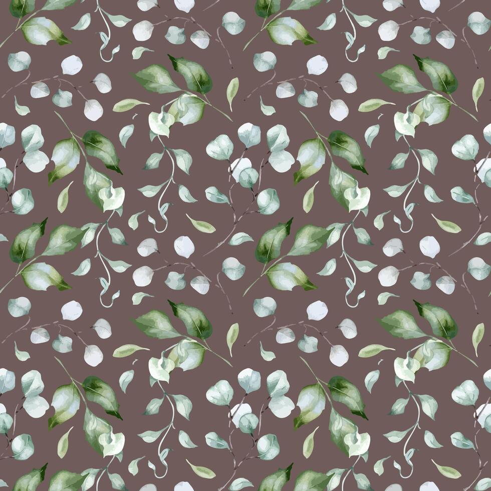 Greenery plant and holly branches delicate watercolor seamless pattern isolated. Foliage texture of curly vine and twigs hand drawn in dusty green. Eucalyptus seamless background for design textile vector