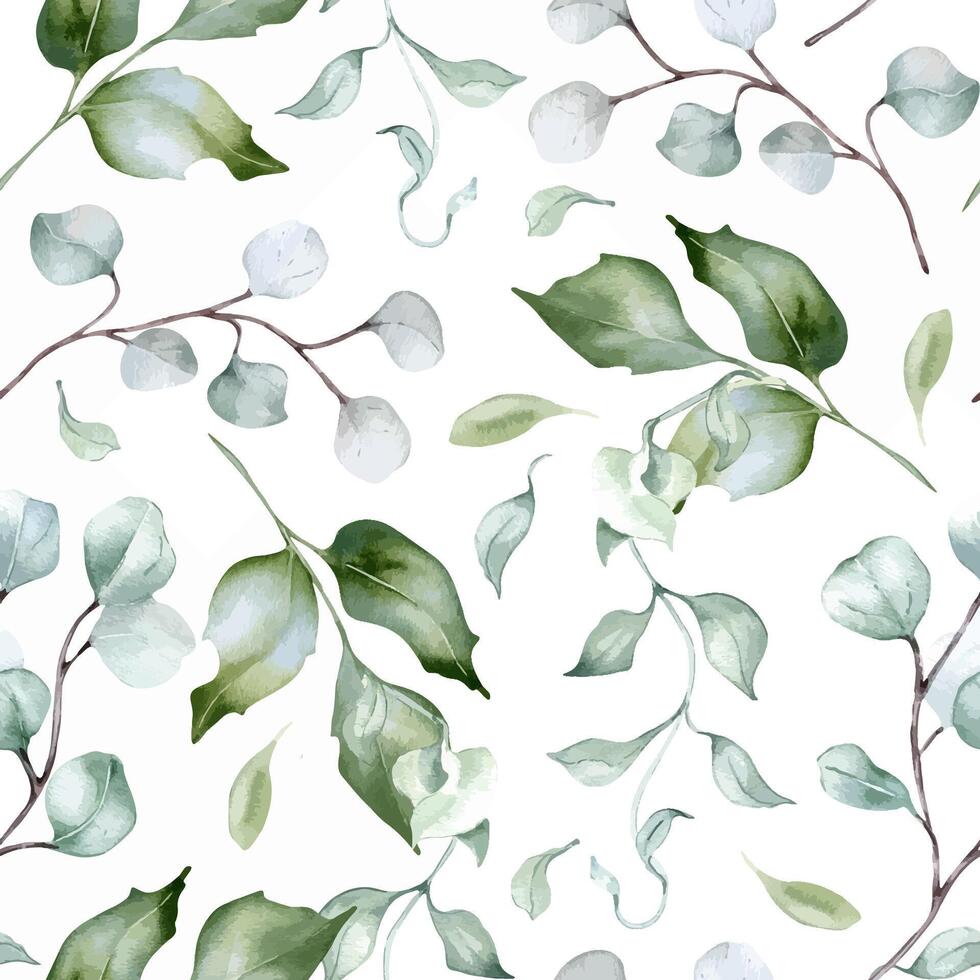 Greenery plants and holly branches delicate watercolor seamless pattern isolated. Foliage texture of curly vine and twigs hand drawn in dusty green. Eucalyptus seamless background for design textile vector