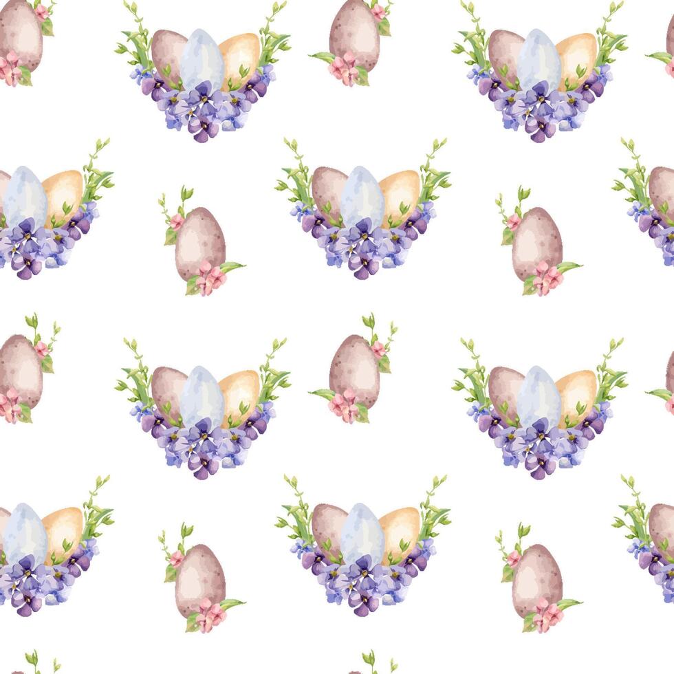 Easter floral eggs watercolor seamless pattern isolated on white. Colorful eggs and first spring flowers hand drawn. Hand painted print for Easter design in neutral color. For package, wrapping paper. vector