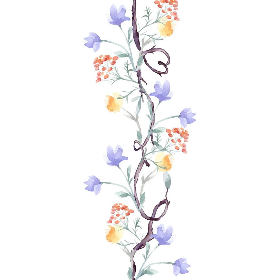 Vertical seamless border of tree branches with floral elements watercolor isolated. Twigs on repeated pattern with delicate blue red blooms hand drawn. Nature design of simple botanical art for cards. vector