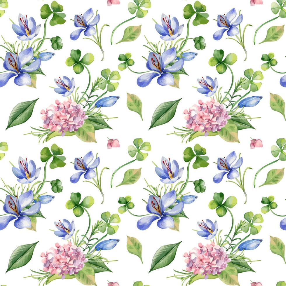 Clover, pink hydrangea and crocus watercolor seamless pattern isolated. Spring meadow flowers illustration hand drawn by repeated background. Floral art print for design package, home decor, textile vector