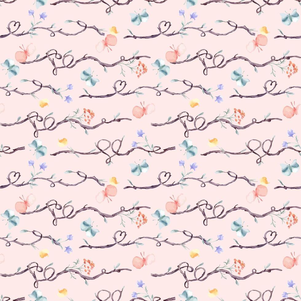Watercolor seamless pattern with horizontal tree branches and floral elements isolated. Twigs on repeated background with delicate blue pink butterflies hand drawn. Simple botanical design wallpaper vector