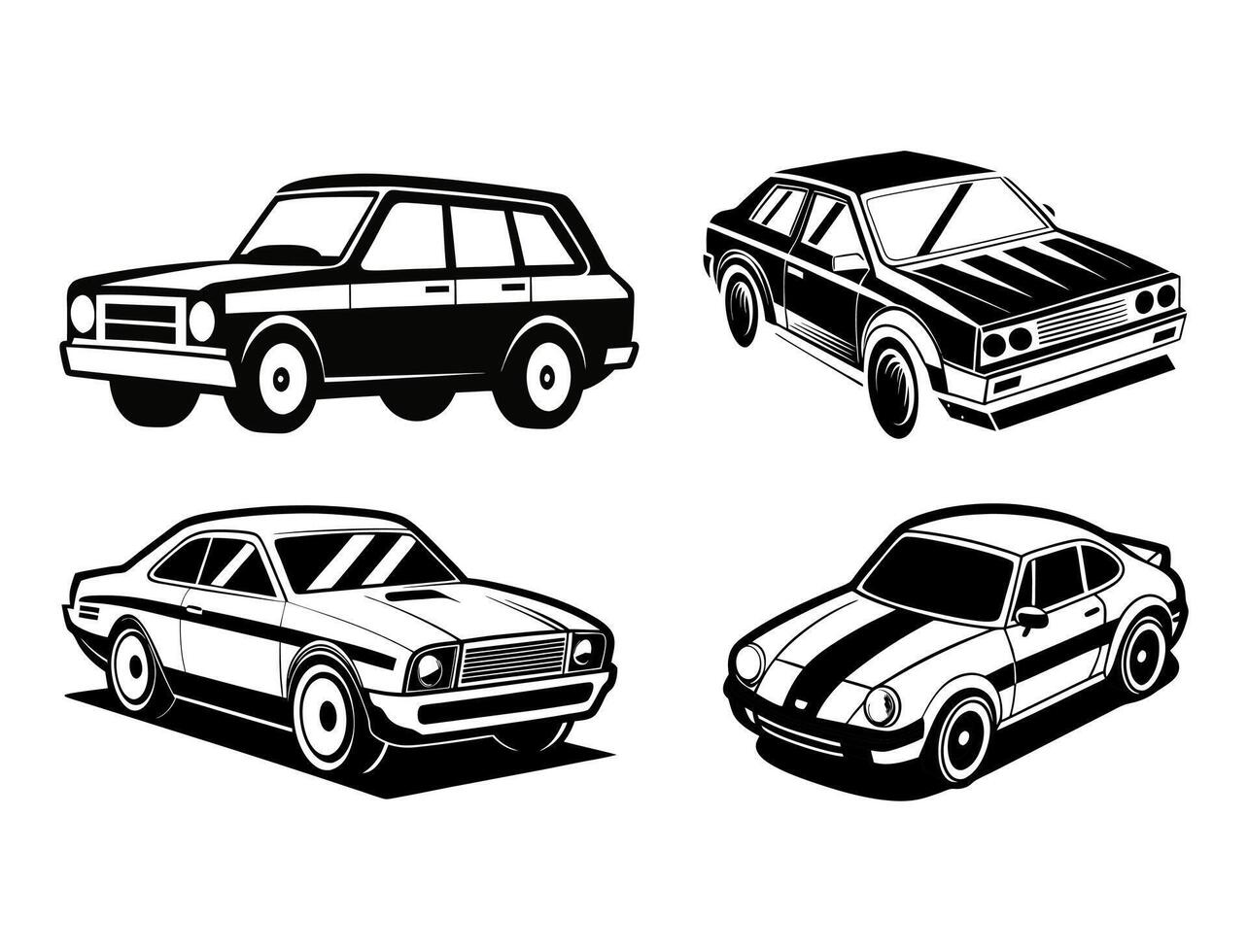 Four different types of cars are shown in black and white vector