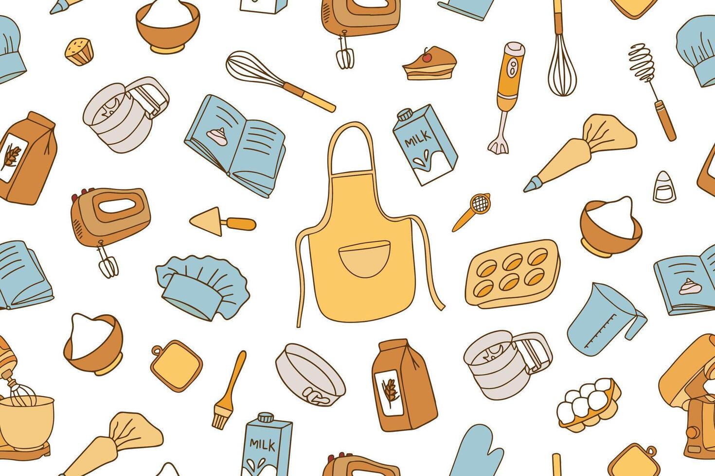Seamless pattern of baking accessories hand drawn. Set of kitchen utensils in doodle style on white background. Bright modern background for your design. vector