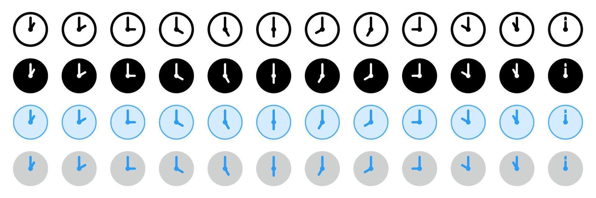 Clock icon collection for time interface design, displaying 12-hour time in four styles including outline, solid, line-filled, and flat color for digital UI, infographics, and scheduling apps vector