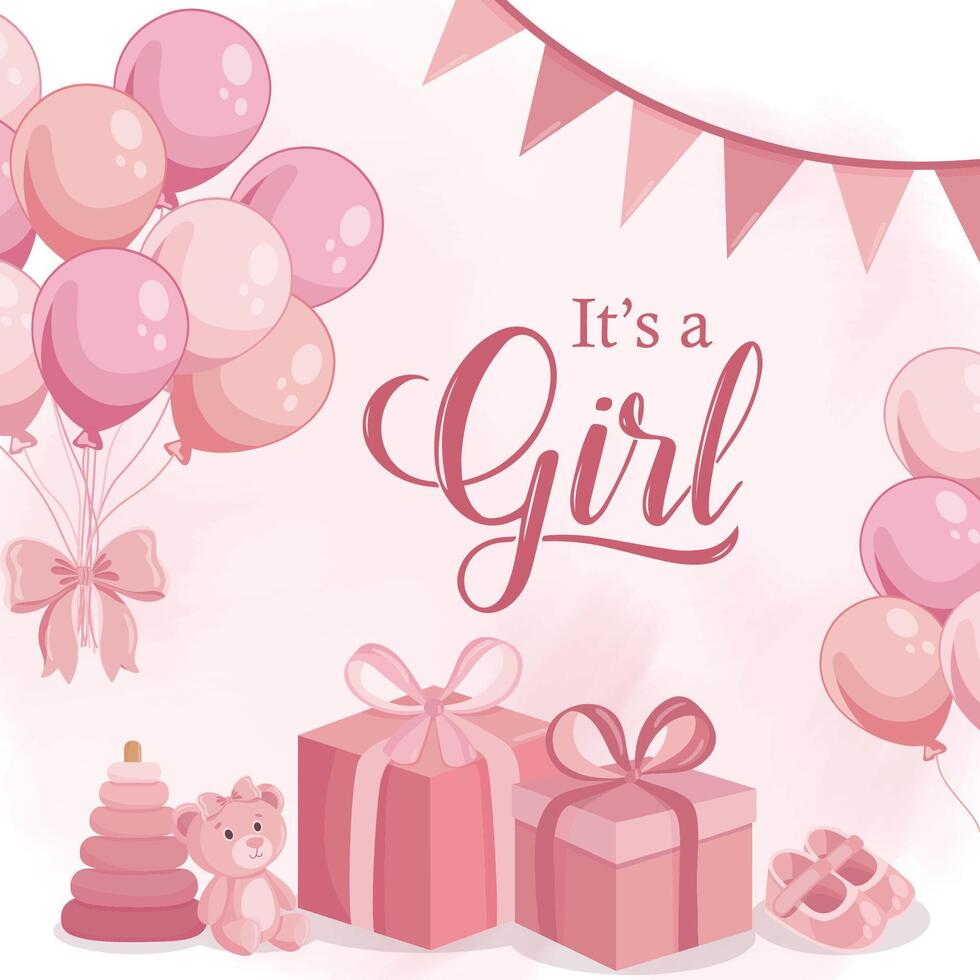 It's a girl announcement greeting card with pink baby elements Balloons presents bow footwear bear toy vector