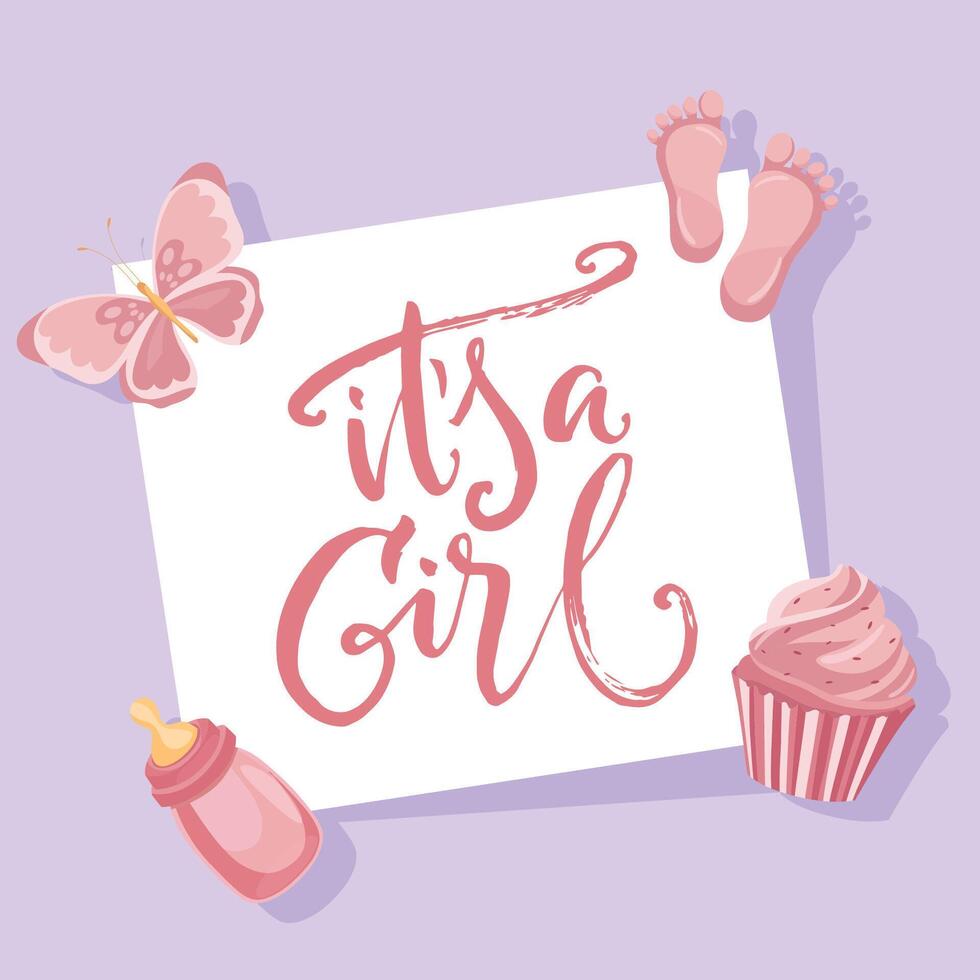 Its a girl freeting card for baby shower with new born flat illustrations vector