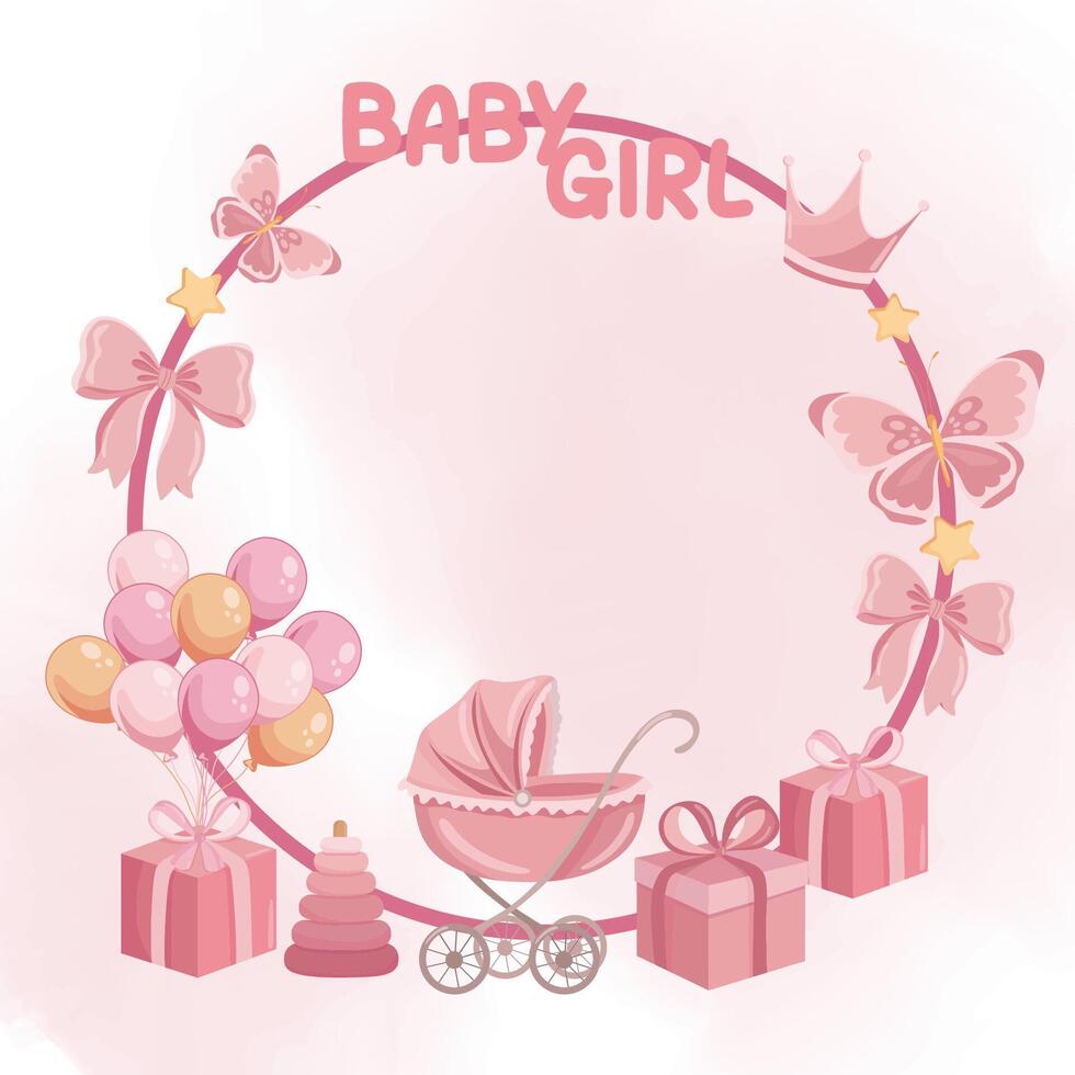 Baby girl frame for baby shower Invitation template with new born pink illustrations vector