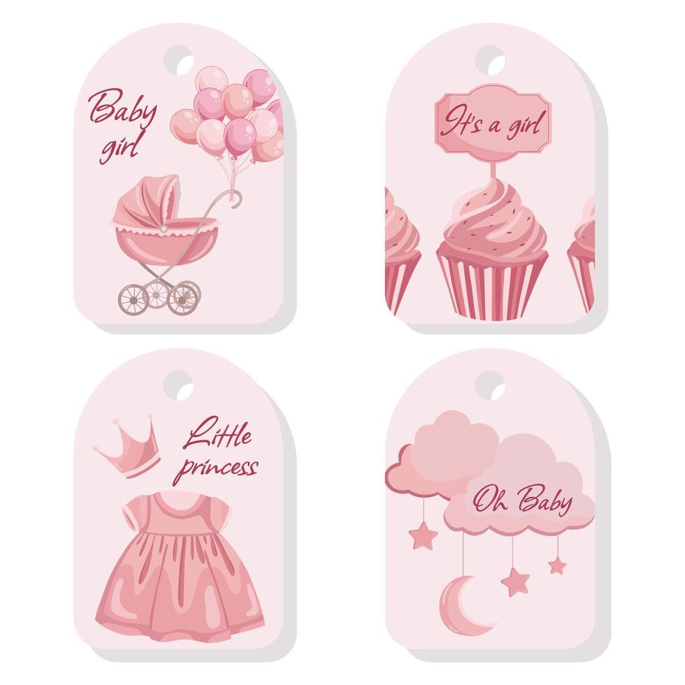 Baby shower tags with pink flat illustrations and message It's a girl vector