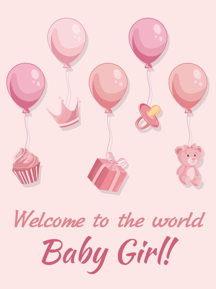 New born girl poster Welcome baby greeting card with pink party elements vector
