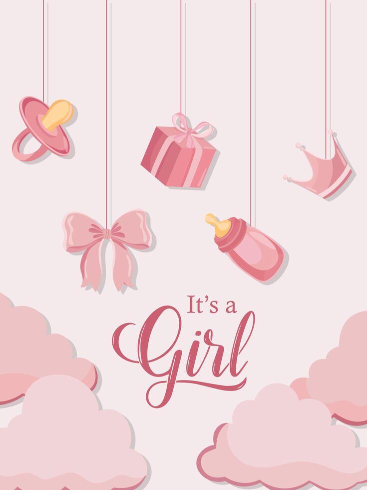 It's a girl pink poster Baby announcement greeting card with new born elements and clouds vector