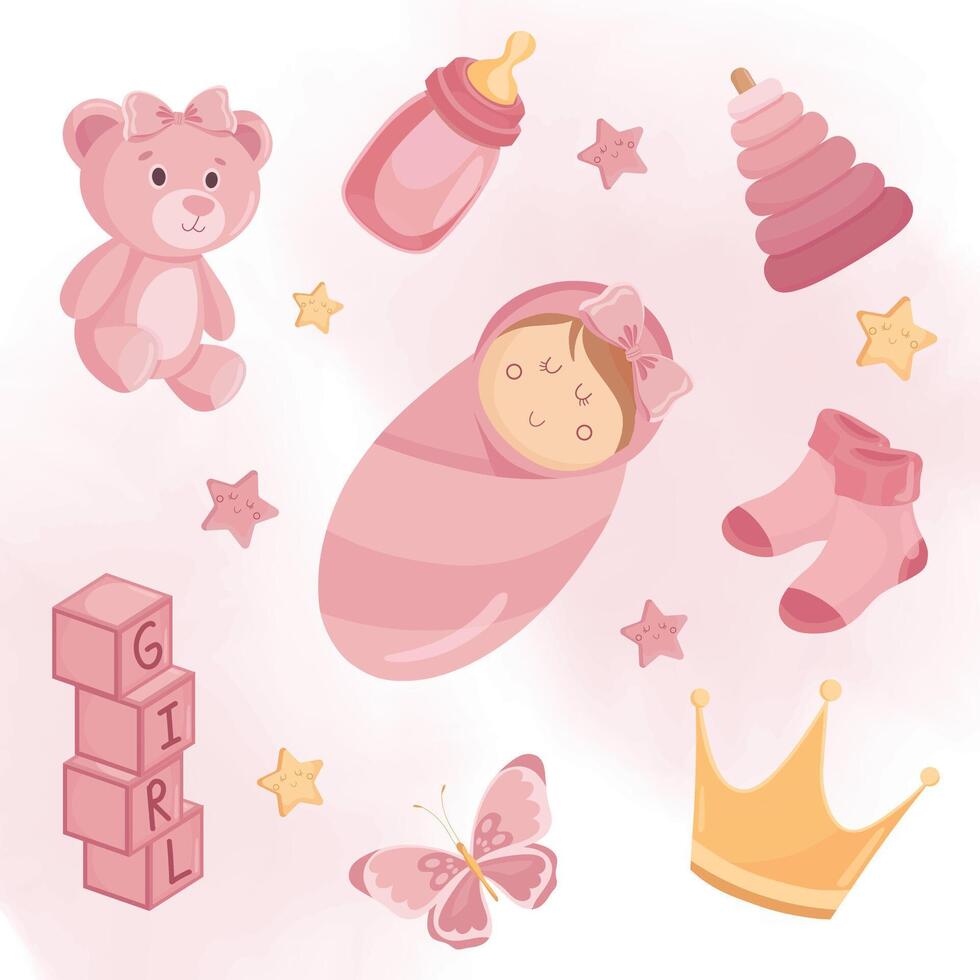 Pink new born elements It's a girl greeting card Baby pacifier bear toy cubes crown vector