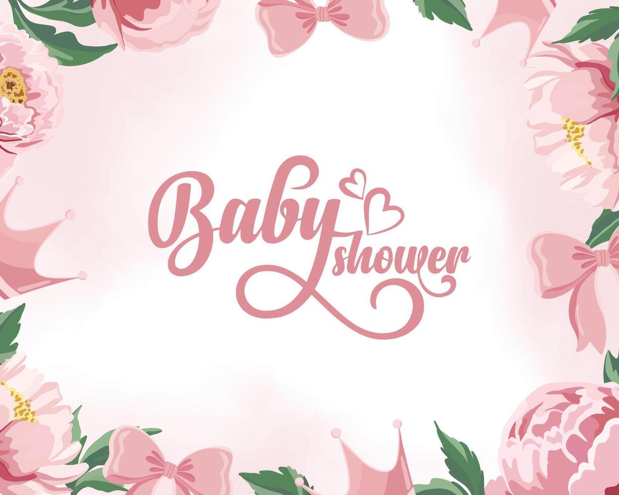 Baby shower pink background with beautiful peonies bow crown Its a girl vector