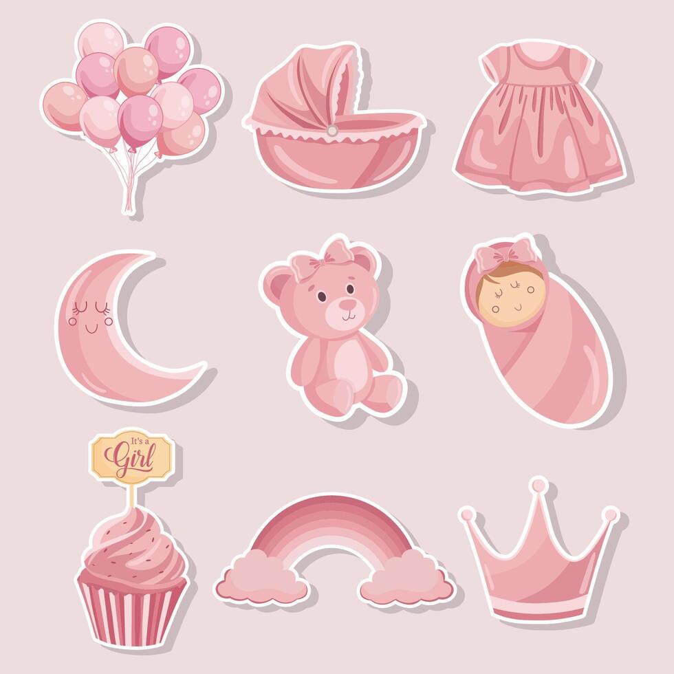 It's a girl pink stickers with baby and party elements Dress stroller muffin crown bear toy vector