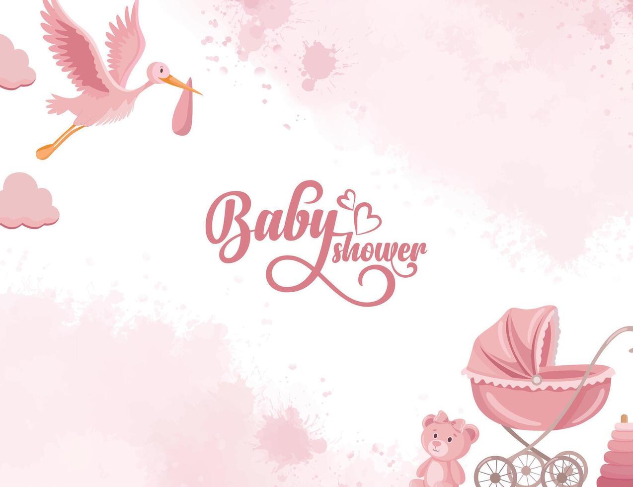 Baby shower pink blush background and baby stroller storck delivers baby vector