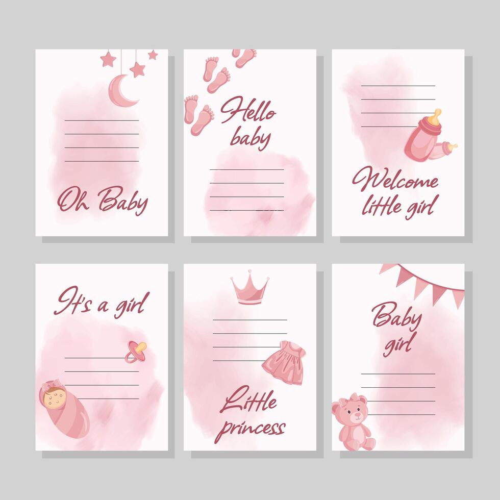 Cute greeting cards for baby girl announcement with pink flat illustrations Its a girl vector