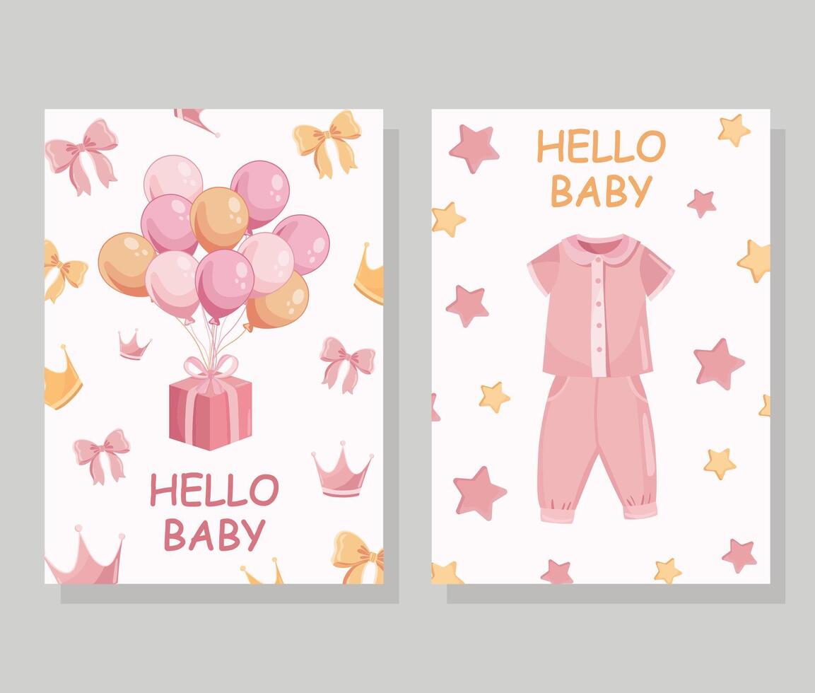 It's a girl greeting card with pink flat baby illustrations Clothes bow stars presents vector