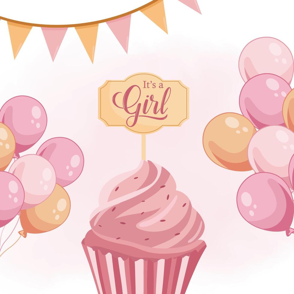 It's a girl greeting card with pink muffin colorful balloons Baby announcement vector