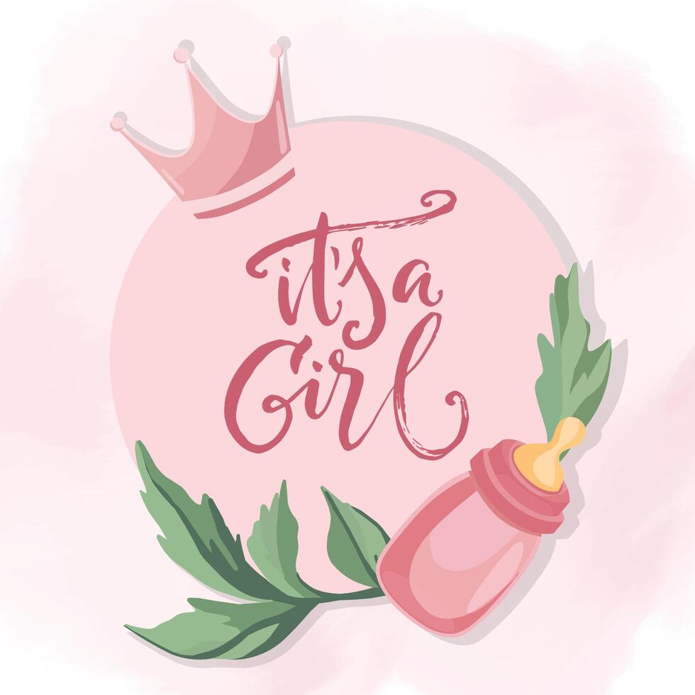 Its a girl pink frame Baby shower cute flat illustrations green leaves crown vector