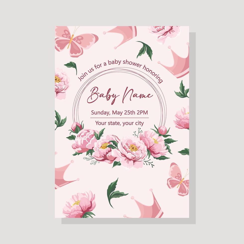Pink baby shower invitation template with beautiful flowers and girl elements vector