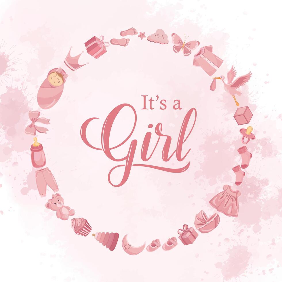 Circular pink new born frame with cute baby flat illustrations vector