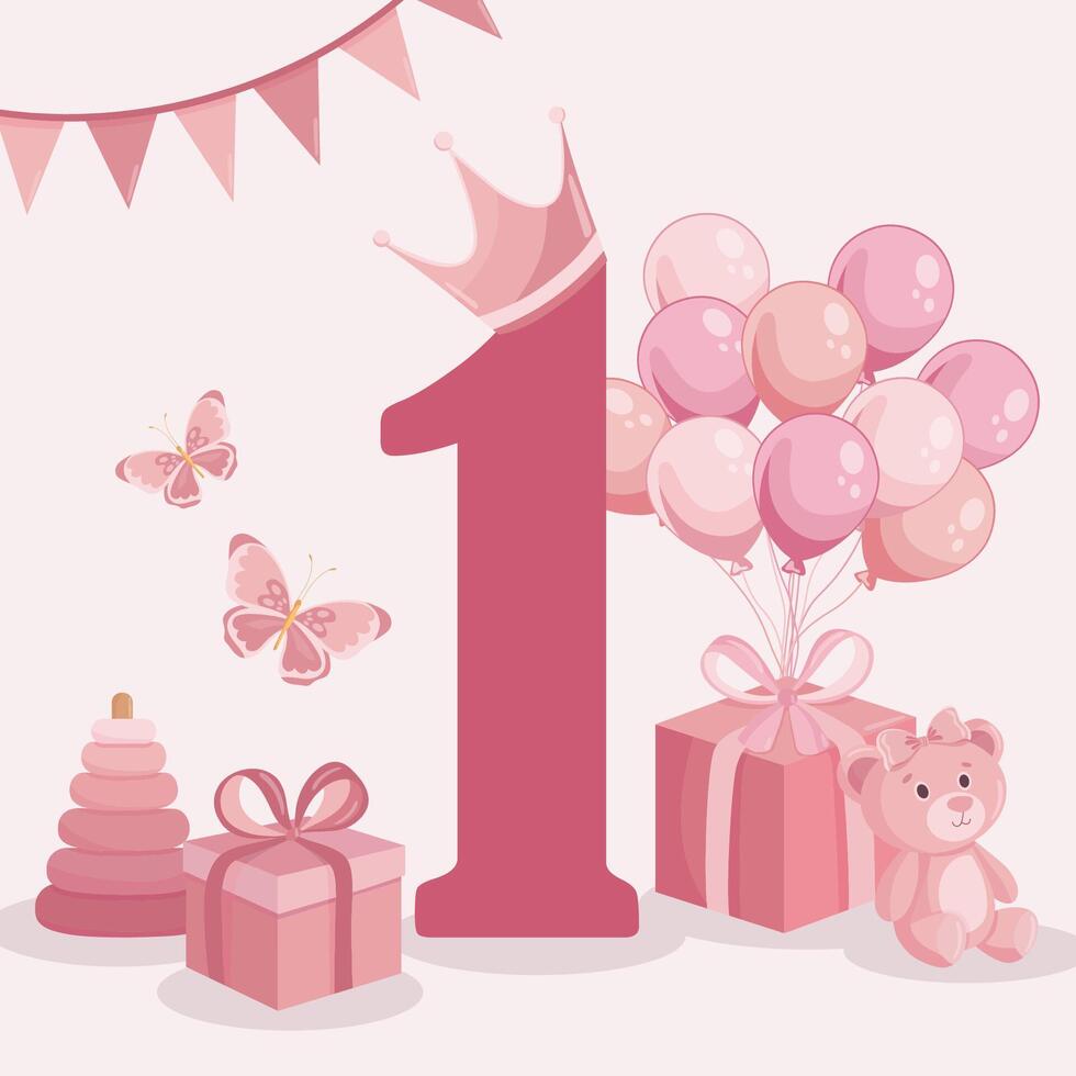 One year baby girl banner First year greeting card with party and kids pink elements vector