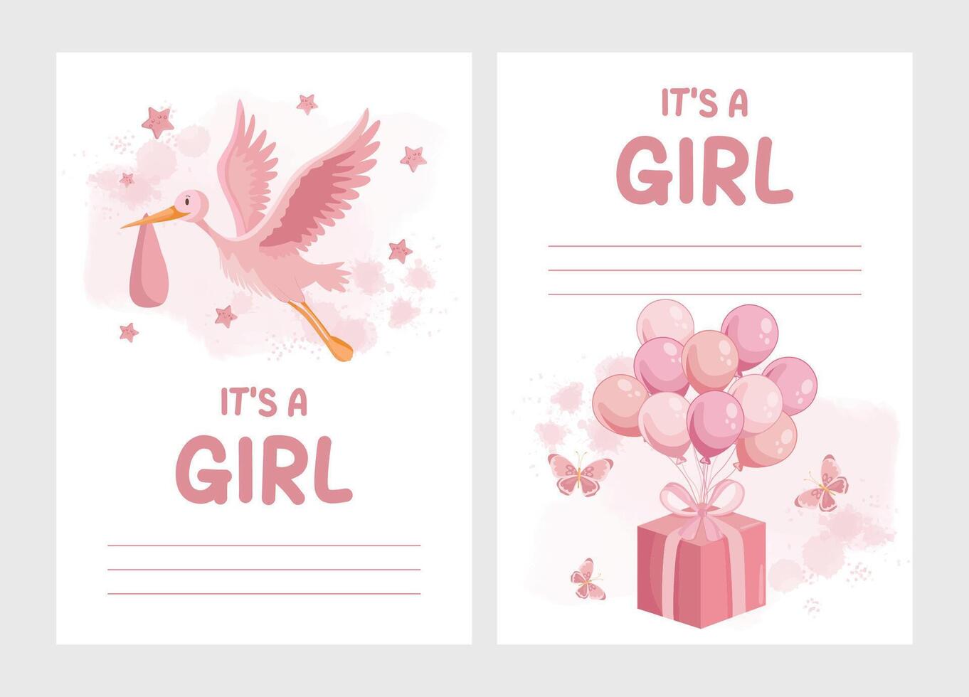 Cute its a girl greeting card with pink stork delivers baby and presents with baloons stack vector