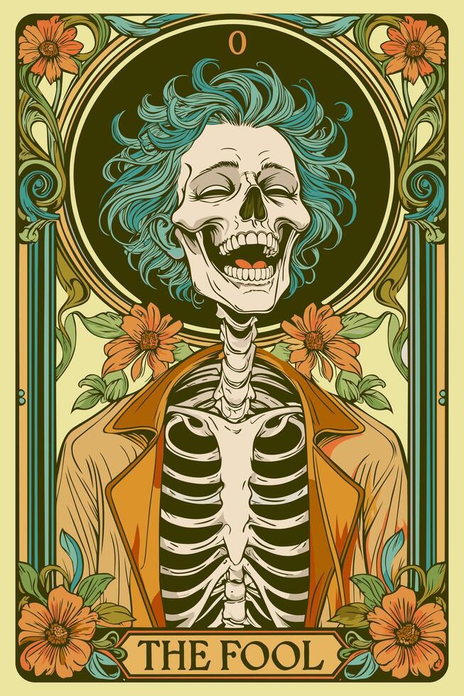 The fool. Tarot card in art nouveau style. Skeleton laughiing. illustration vector