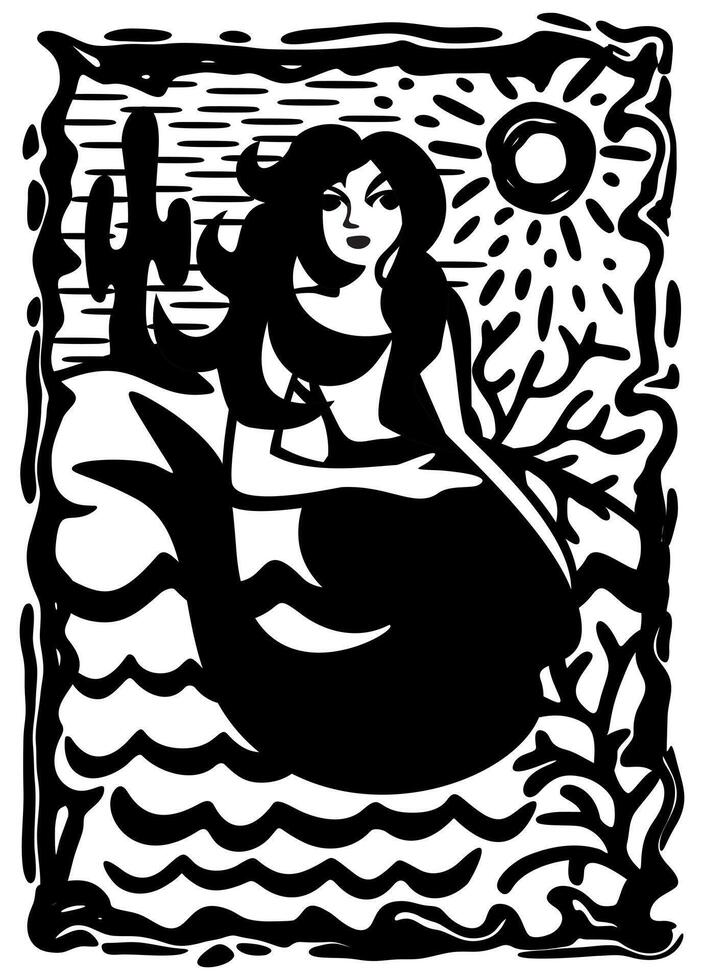 Mermaid sitting near the sea under sun. Brazilian cordel style. Woodcut illustration vector