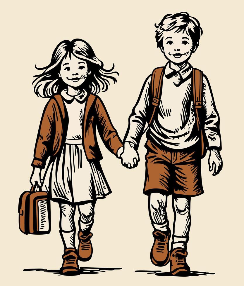 Girl and boy with school backpacks walking to school hand in hand. Back to school concept in retro style. woodcut illustration vector