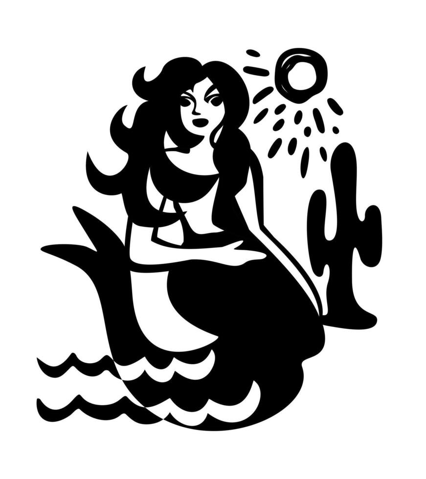 Mermaid, sun and cacti. Brazilian cordel style. Woodcut illustration vector