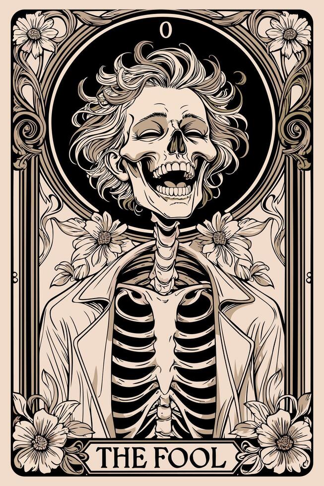 The fool. Tarot card in art nouveau style. Skeleton laughiing. monochrome illustration vector