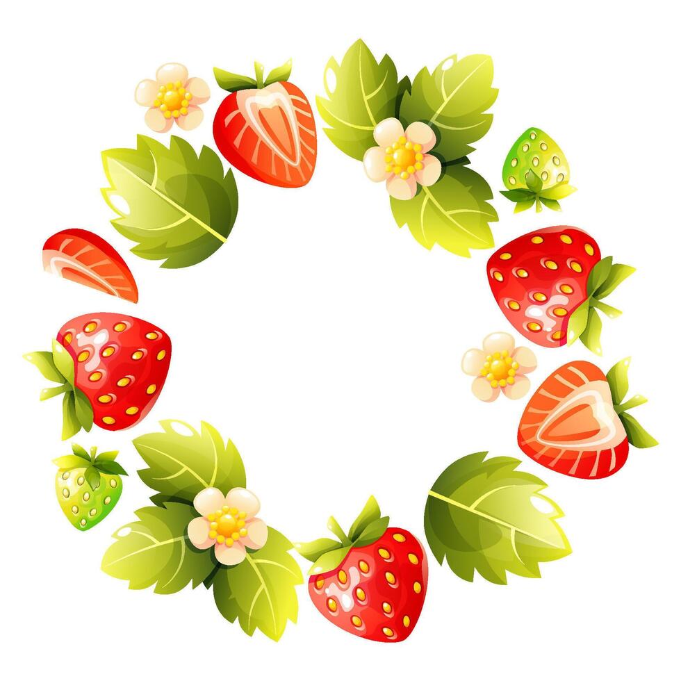 A illustration of a round frame made of strawberries, green leaves, and flowers. The berries are whole and halved. The background is white, with space for text in the center. vector