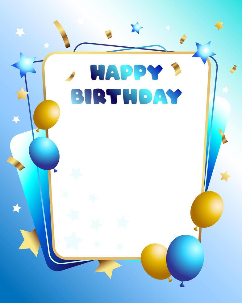Gold blue birthday greeting card with balloons and confetti decoration vector