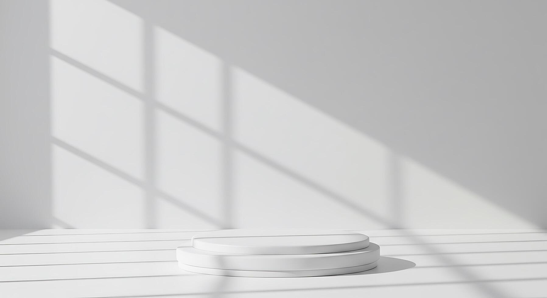 Empty white pedestal in a room with large windows photo