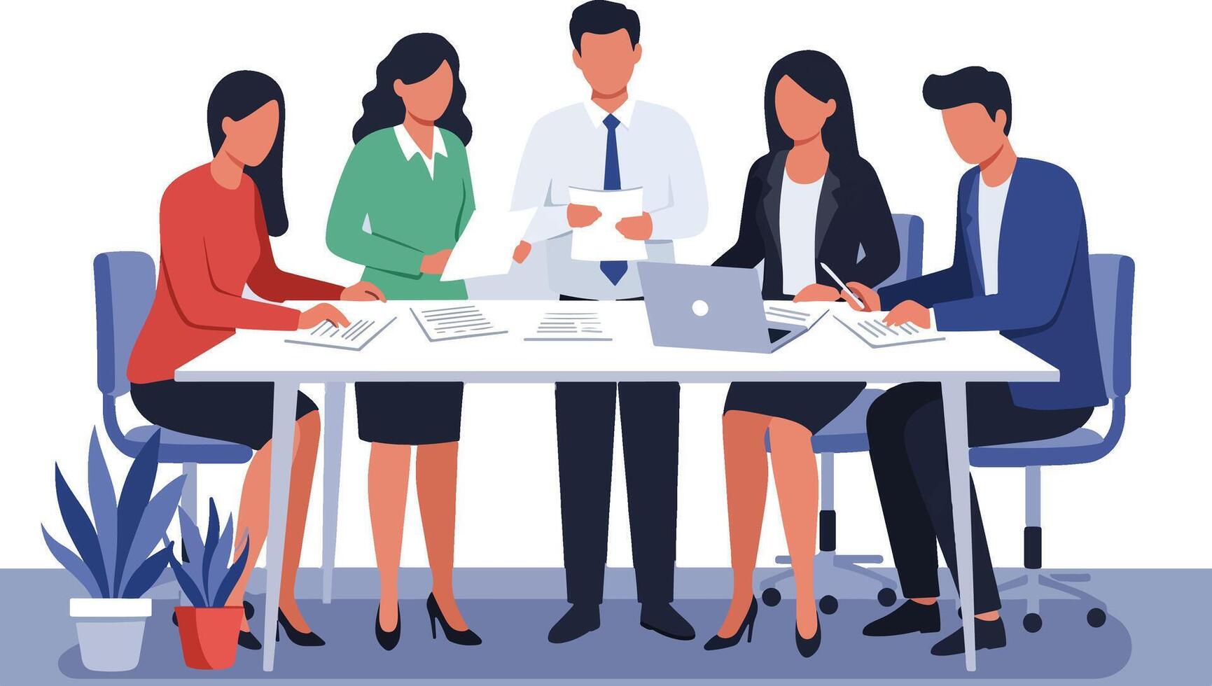 business people sitting at a table with a laptop vector
