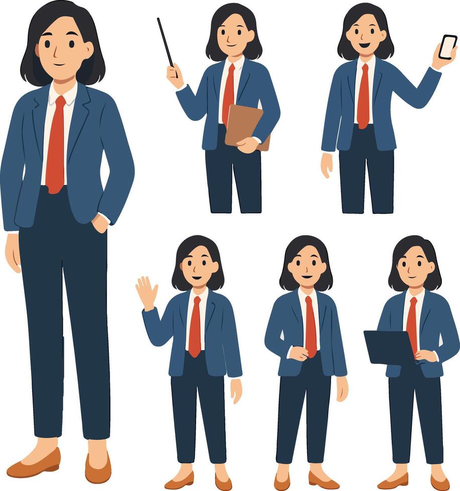 a woman in business attire holding a laptop and a phone vector
