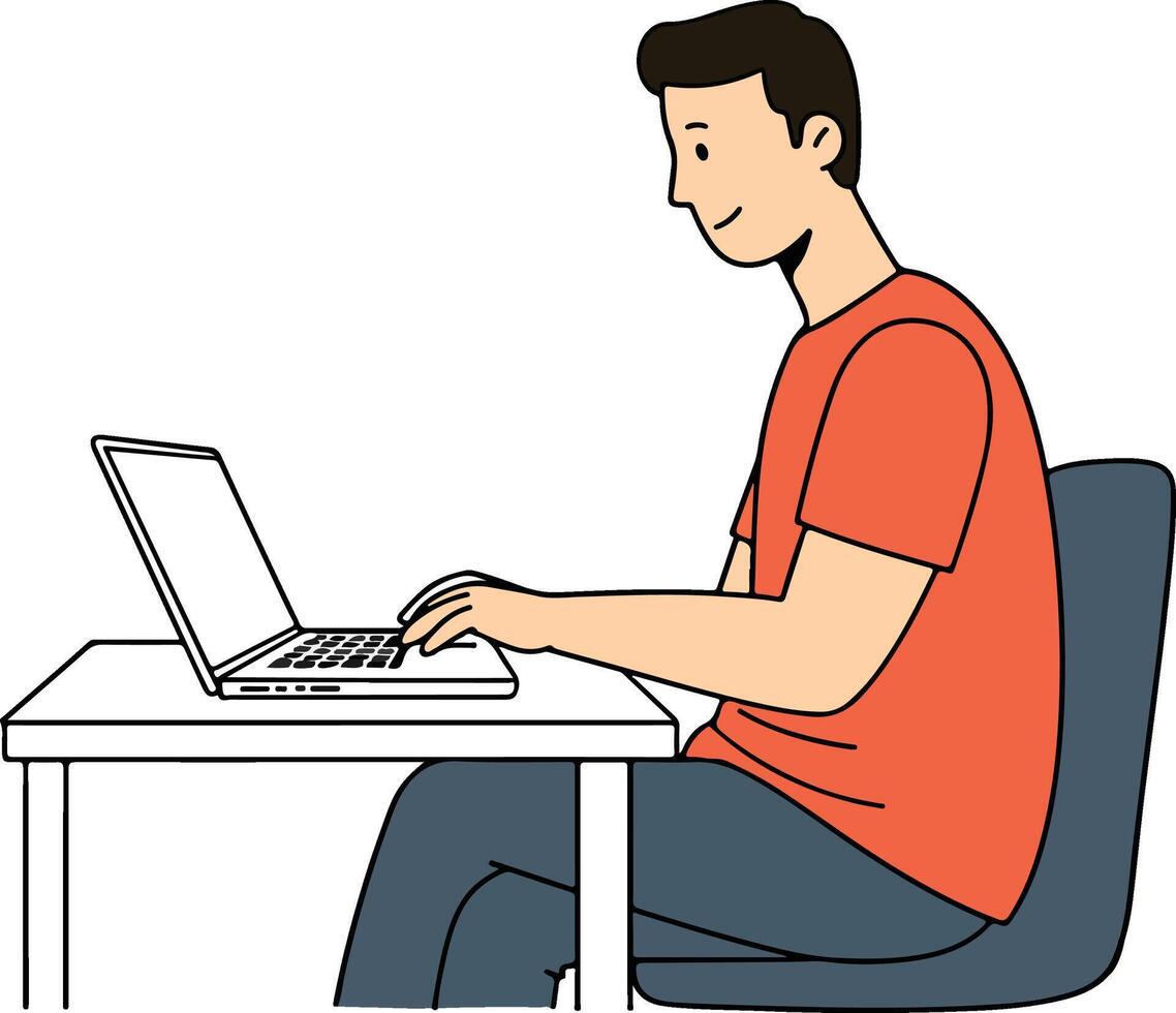 a cartoon illustration man or Boy at Desk man sitting at a desk with a laptop vector
