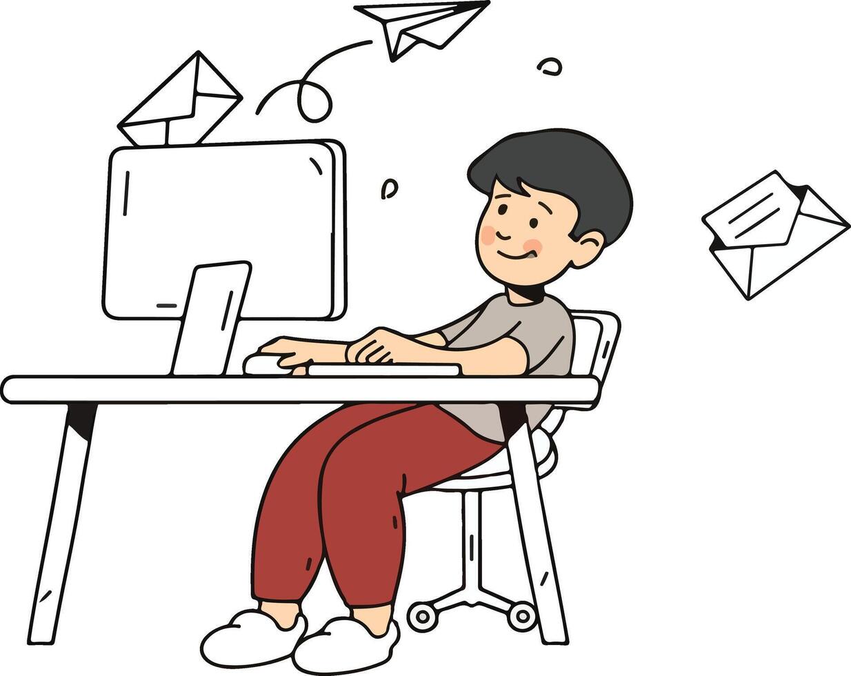 a cartoon illustration boy sitting at a desk with a computer and paper airplanes flying around him and Envelopes vector