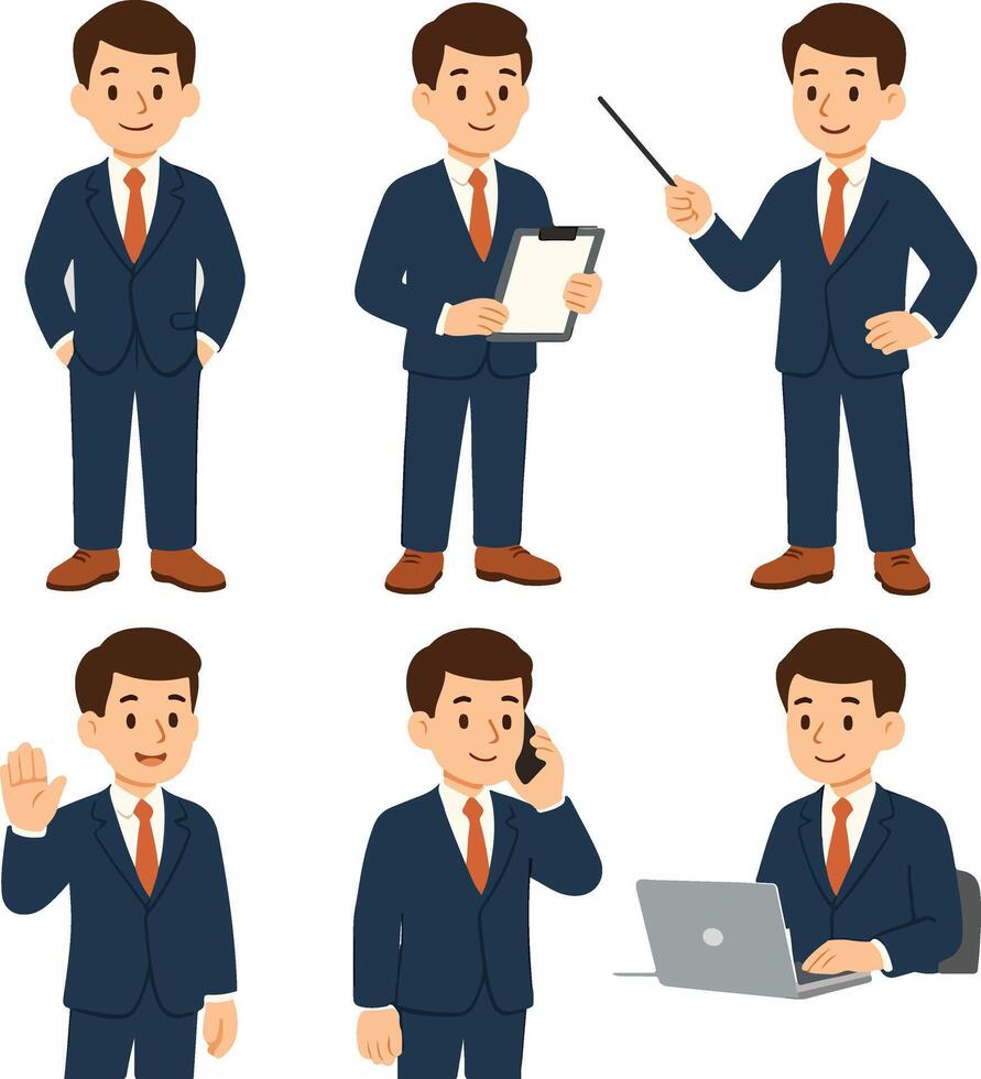 businessman in different poses, including a laptop and a phone vector