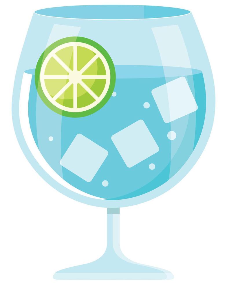 Flat style Gin and Tonic with lime and ice in a glass, Alcohol design element vector