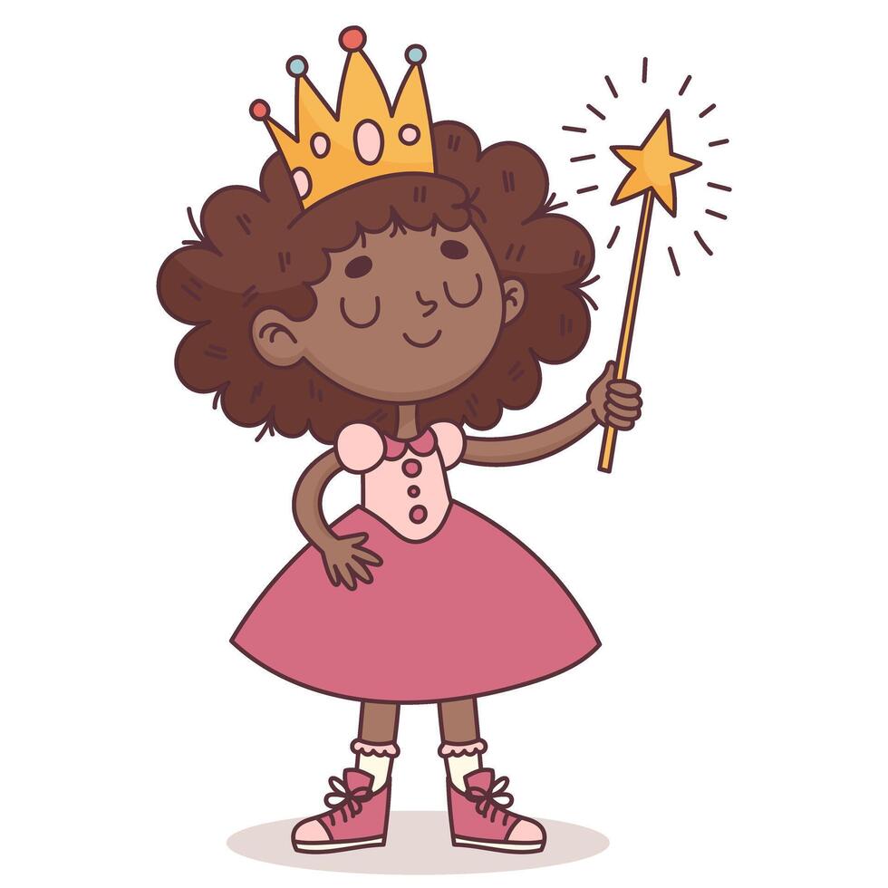 princess with crown and magic wand african american in sneakers and pink dress vector