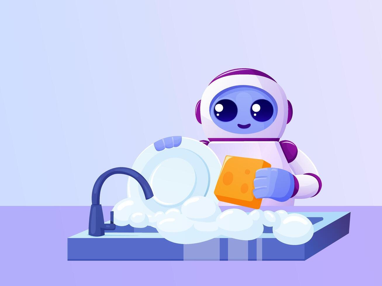 cute robot with artificial intelligence washing dishes in the kitchen, home assistant vector
