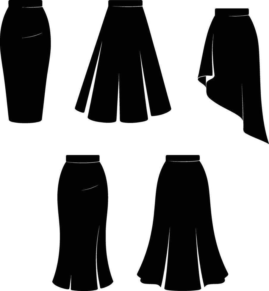 Five different black skirt silhouettes vector