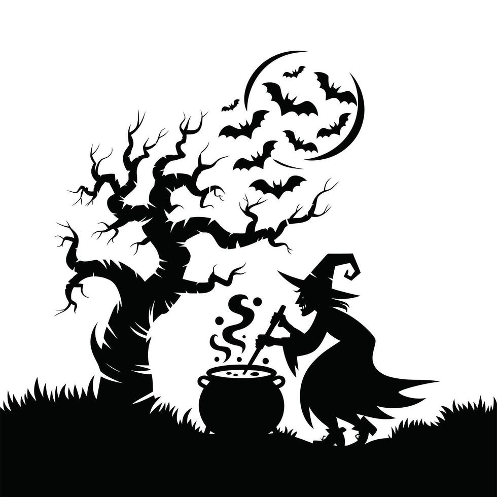 Witch Brewing Potion Under Moon with Bats Halloween Illustration vector